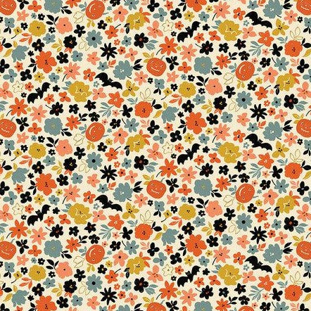 Haunted Cream Pumpkin Patch & Bats Fabric