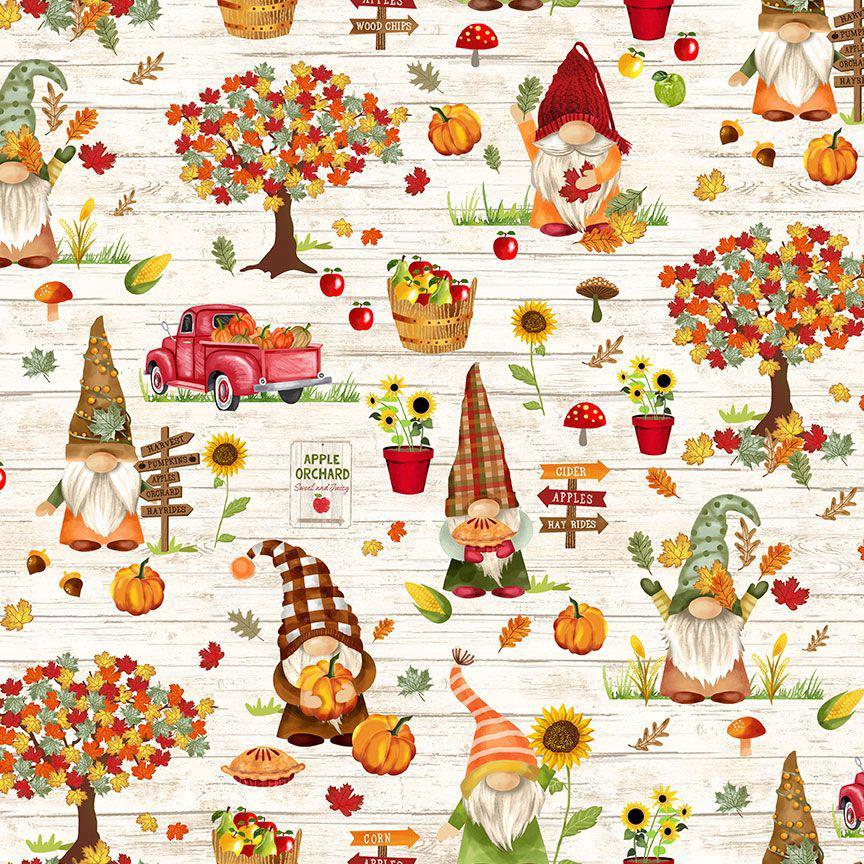 Hello Fall Cream Gnomes Pumpkin Patch Fabric