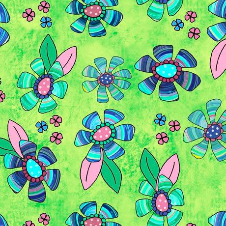 Here Kitty Kitty Lime Flower Toss Fabric-QT Fabrics-My Favorite Quilt Store