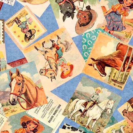 Hey Cowgirl Blue Cowgirl Collage Fabric