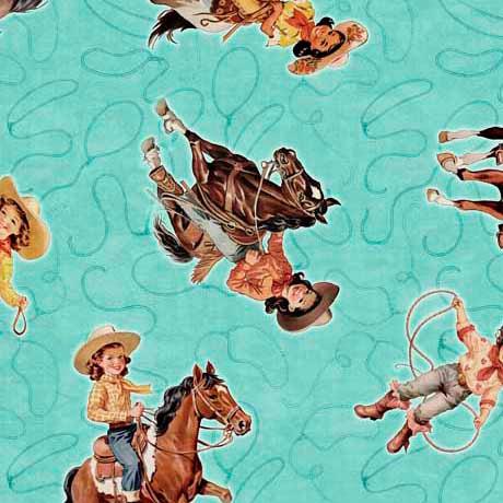Hey Cowgirl Light Jade Cowgirl and Horse Toss Fabric