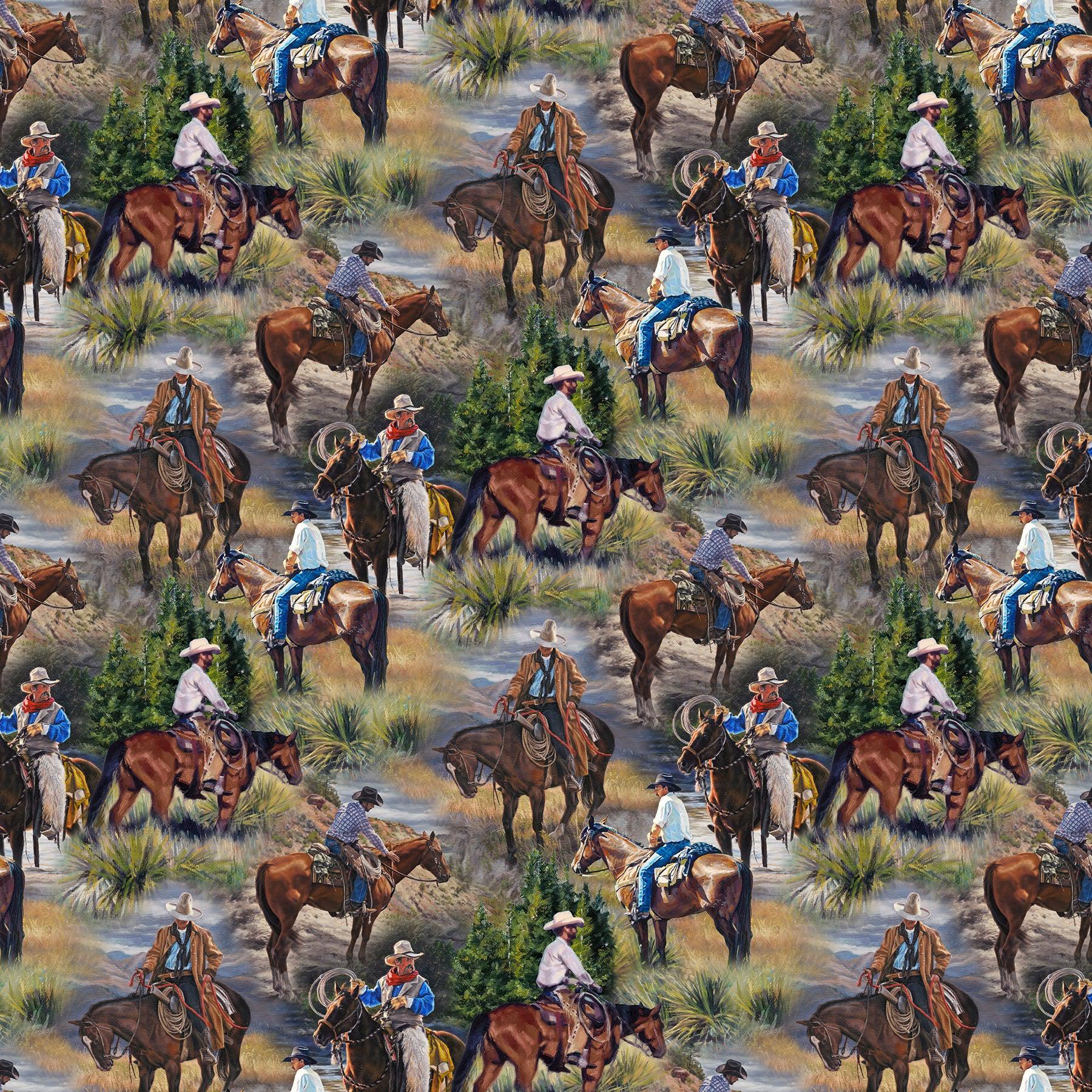 Hidden Valley Naturescapes Green Multi Cowboys Digital Print Fabric-Northcott Fabrics-My Favorite Quilt Store