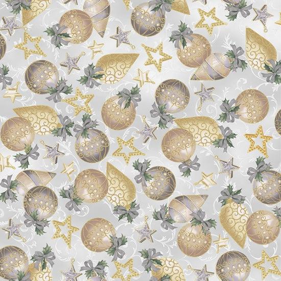 Holiday Elegance Light Gray Gold Tossed Ornaments Fabric