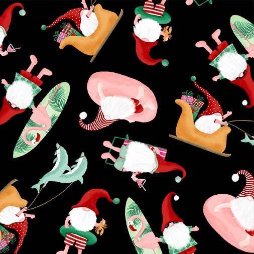 Holiday Gnomes Black Beach Bum Gnomes Fabric