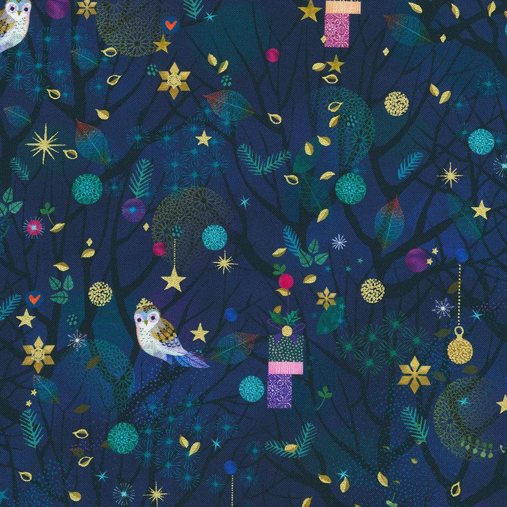 Holy Night Midnight Owls & Trees Metallic Fabric-Robert Kaufman-My Favorite Quilt Store