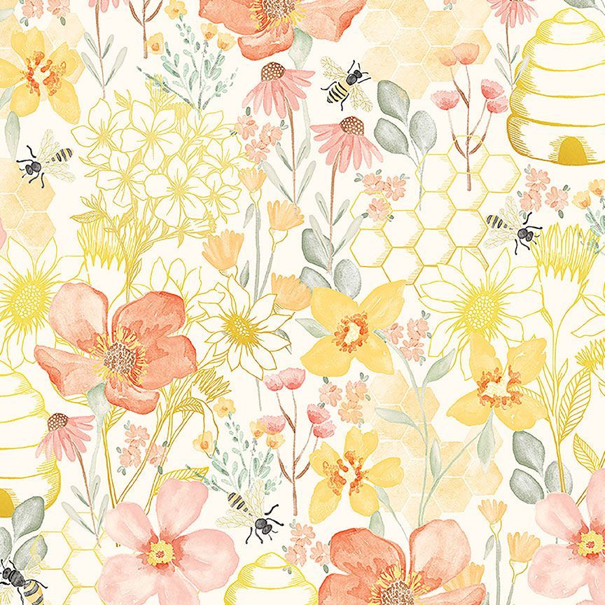 Home Sweet Home Cream Beehive Garden Floral Fabric-Timeless Treasures-My Favorite Quilt Store