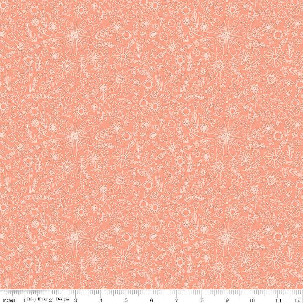 Homemade Coral Outlined Flowers Fabric-Riley Blake Fabrics-My Favorite Quilt Store