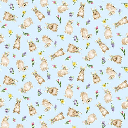 Hoppy Hunting Pastel Blue Tossed Bunnies Fabric