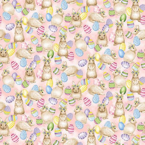 Hoppy Hunting Pink Bunnies and Eggs Fabric