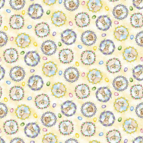 Hoppy Hunting Soft Yellow Bunny Medals Fabric-Henry Glass Fabrics-My Favorite Quilt Store