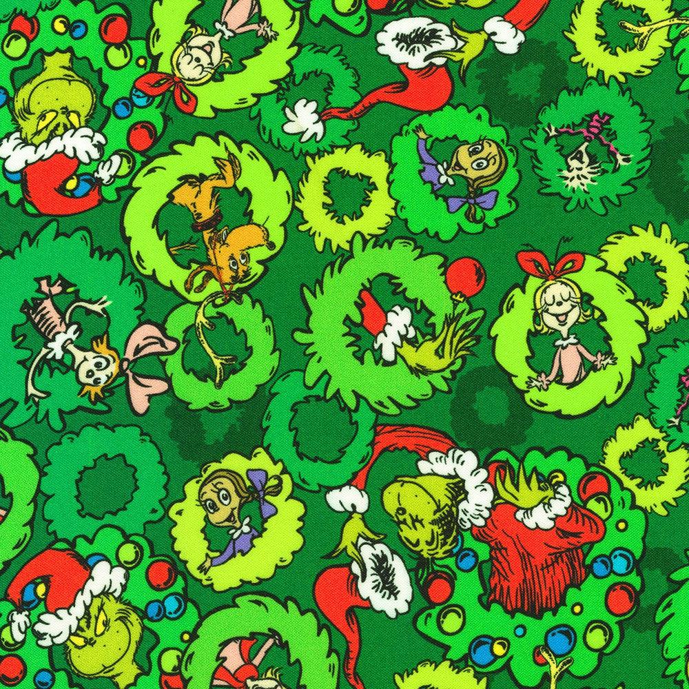 How The Grinch Stole Christmas Pine Character Wreath Dr. Seuss Fabric-Robert Kaufman-My Favorite Quilt Store