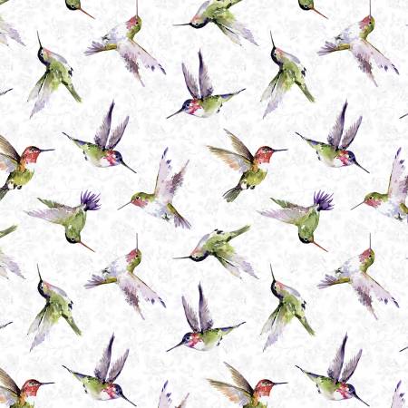 Hummingbird Floral  White Hummingbird Toss Fabric