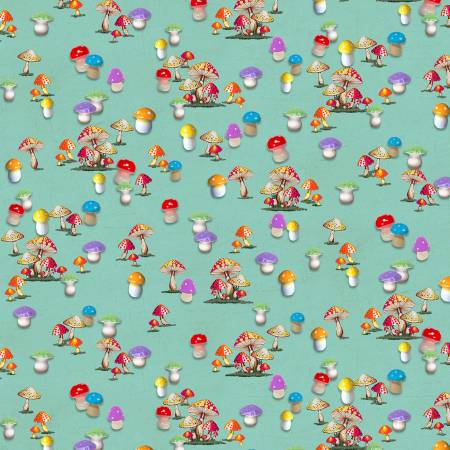 I Heart Kitsch Aqua Kitschy Mushrooms Fabric