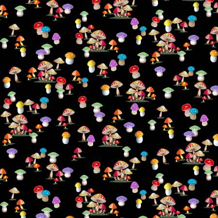 I Heart Kitsch Black Kitschy Mushrooms Fabric-Michael Miller Fabrics-My Favorite Quilt Store