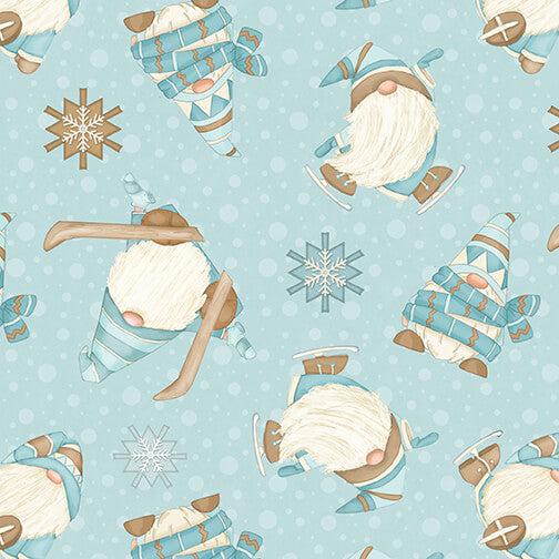 I Love Sn'Gnomies Blue Skiing Gnomes Flannel Fabric