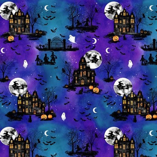 Into The Web Royal Haunted House Fabric-Hoffman Fabrics-My Favorite Quilt Store