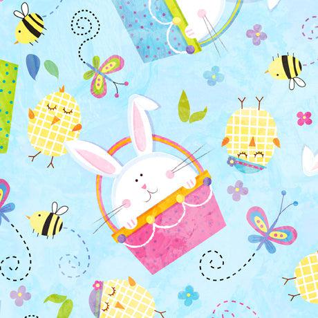 It's Easter Blue Tossed Bunnies and Chicks Fabric