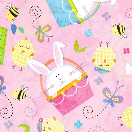 It's Easter Pink Tossed Bunnies and Chicks Fabric