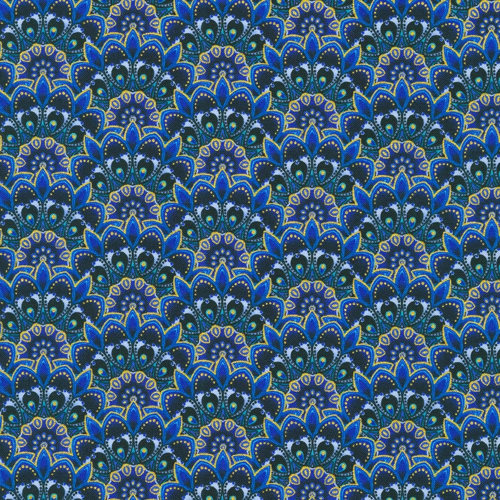 Robert Kaufman Quilt Cotton Fabric Native Arts 16x63 Remnant Blue Gold  Sunburst