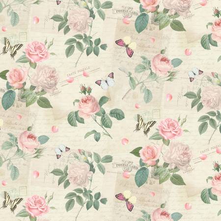 Jardin Cream Roses & Butterflies On Postcards Fabric