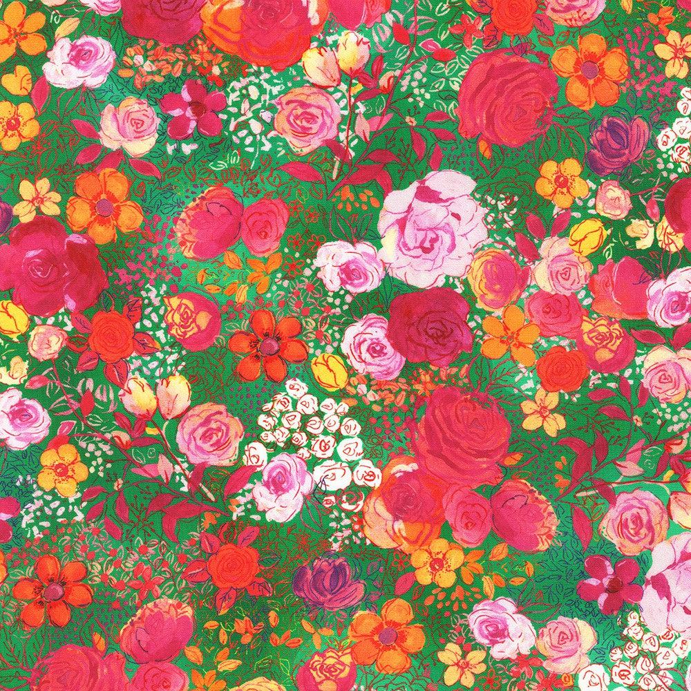 Cali Fabrics Turquoise, White, and Orange Vintage Floral on Green London  Calling Cotton Lawn from Robert Kaufman Fabric by the Yard