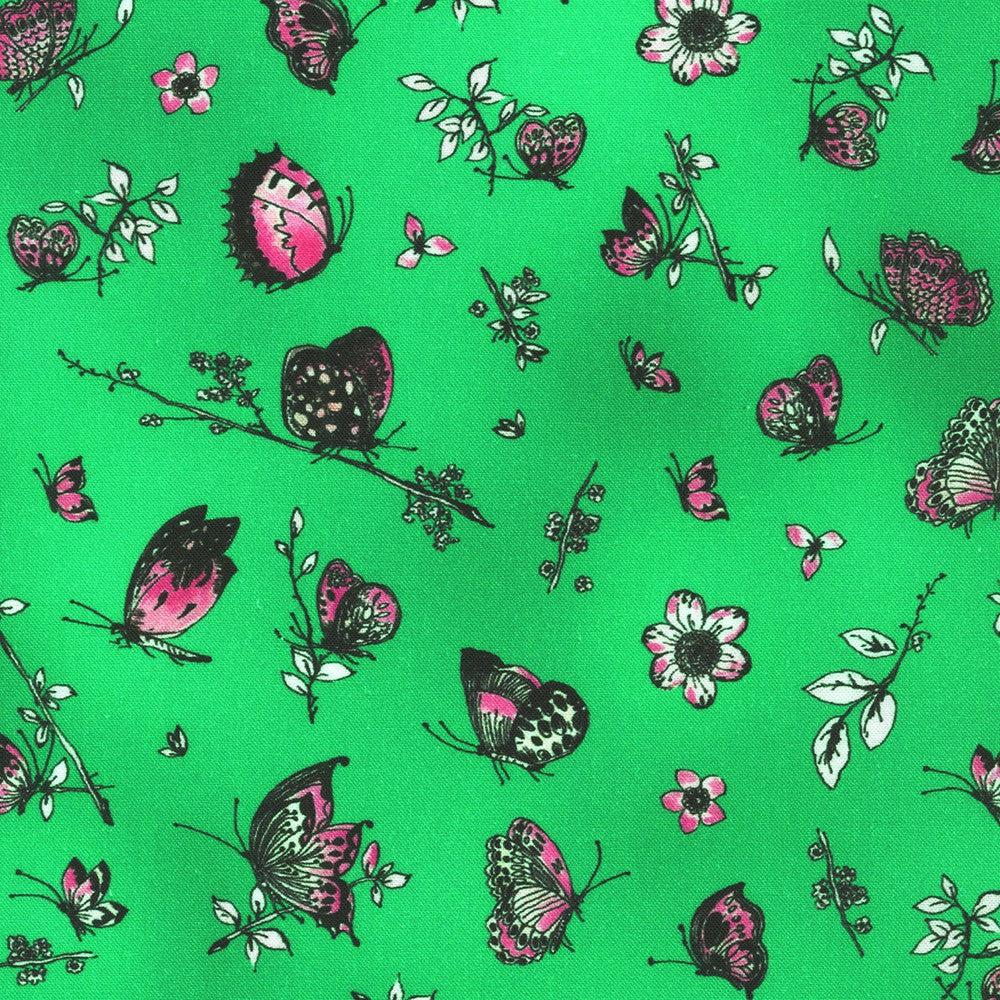 Joyful Meadows Grass with Pink Butterflies Fabric