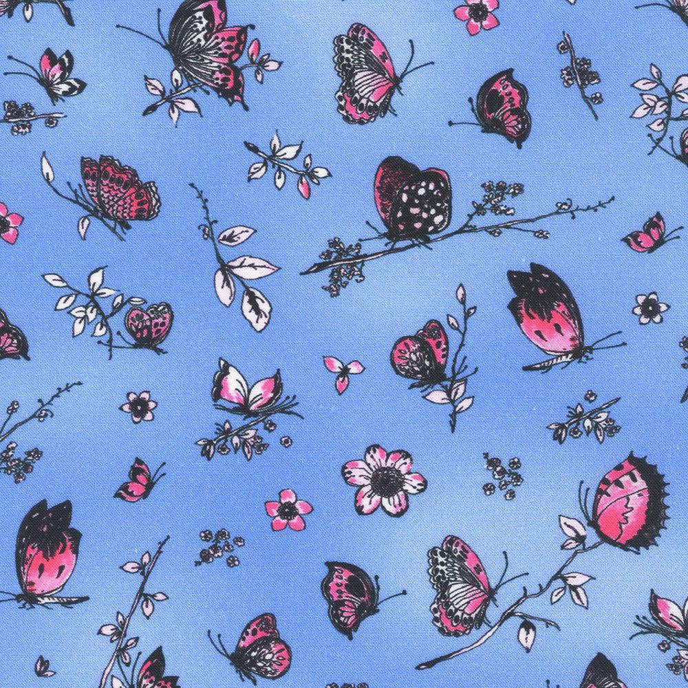 Joyful Meadows Periwinkle with Pink Butterflies Fabric