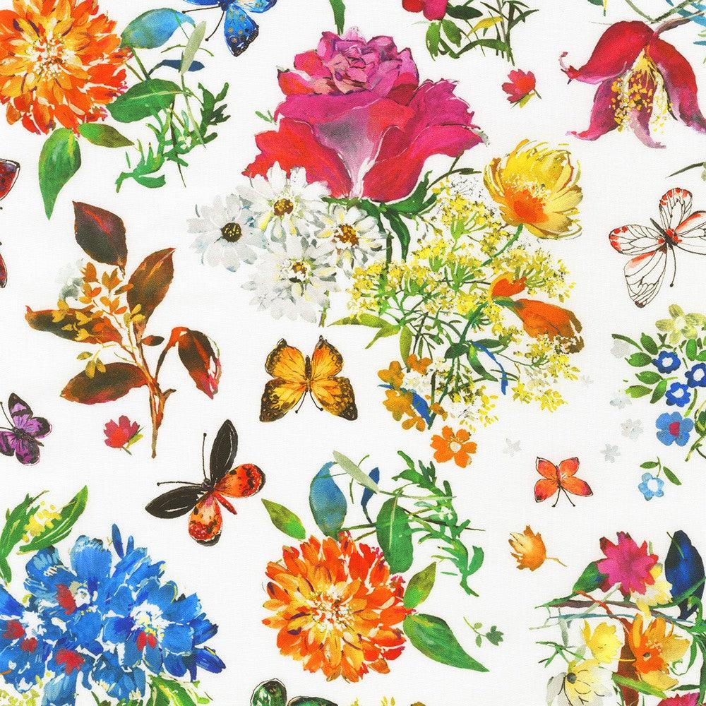 Joyful Meadows White Floral and Butterflies Fabric