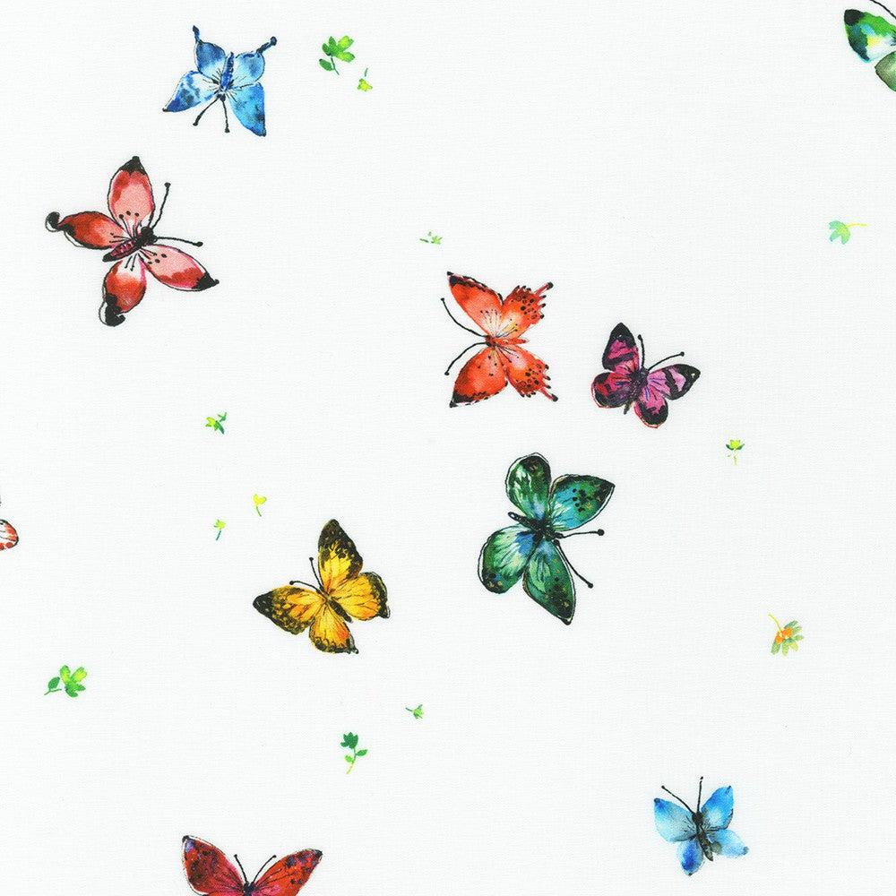 Joyful Meadows White with Colorful Butterflies Fabric