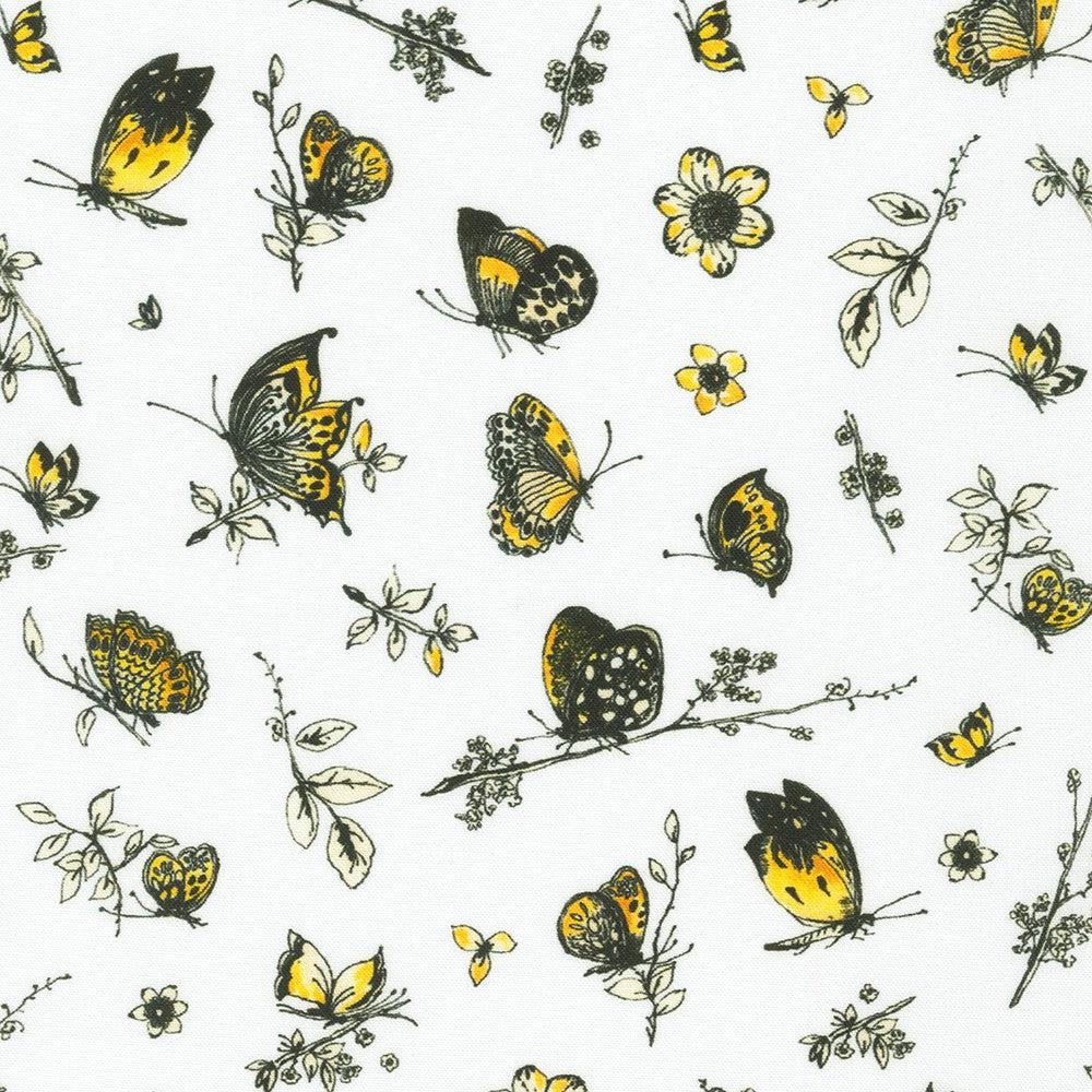 Joyful Meadows White with Yellow Butterflies Fabric