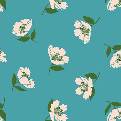 Juicy Dark Turquoise Fluttering Florals Fabric