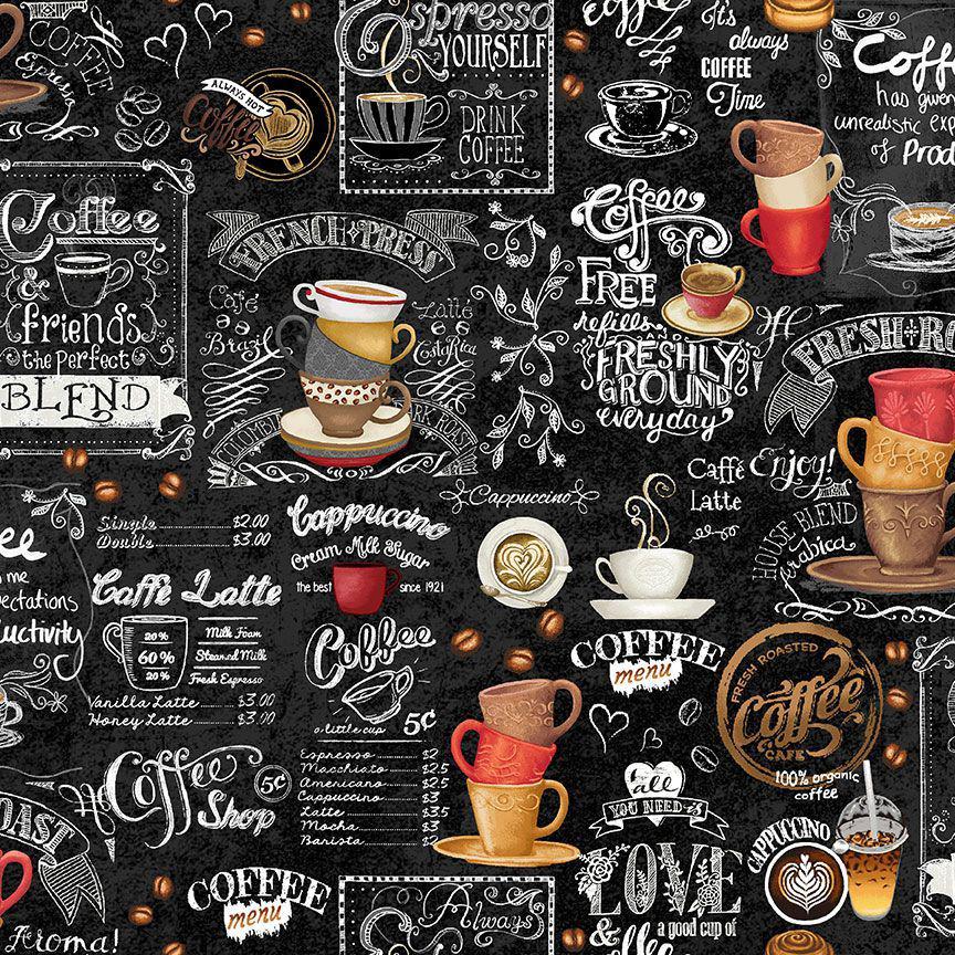 Just Brew It Black Coffee Bar Chart Fabric