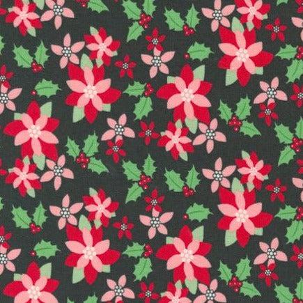 Kitty Christmas Coal Poinsettia Fabric
