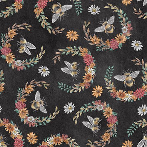 Late Summer Harvest Charcoal Bees & Wreaths Fabric
