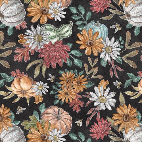 Late Summer Harvest Charcoal Pumpkin & Flowers Fabric