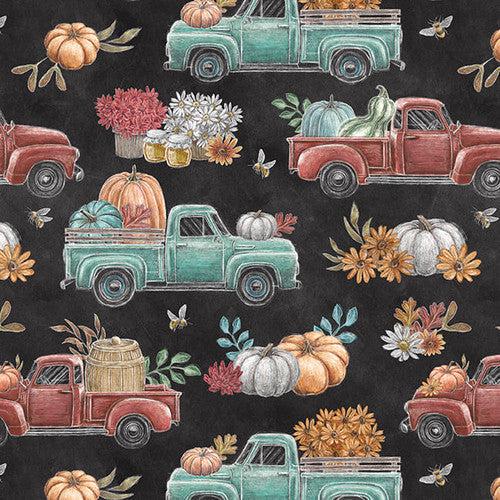 Late Summer Harvest Charcoal Trucks & Pumpkins Fabric-Blank Quilting Corporation-My Favorite Quilt Store