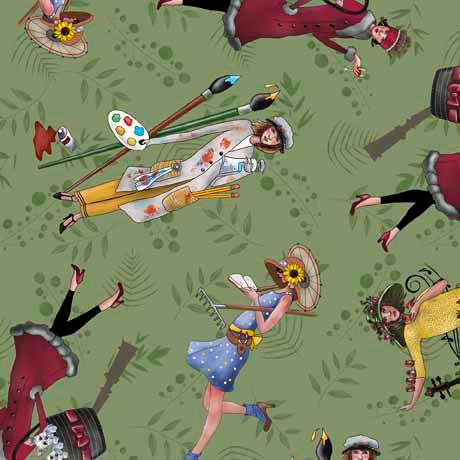 Les Femmes Fashionista Green Fashionista Toss Fabric-QT Fabrics-My Favorite Quilt Store