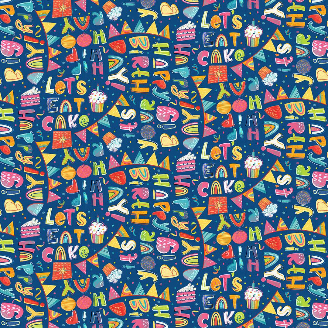 Let's Eat Cake Navy Birthday Words Fabric