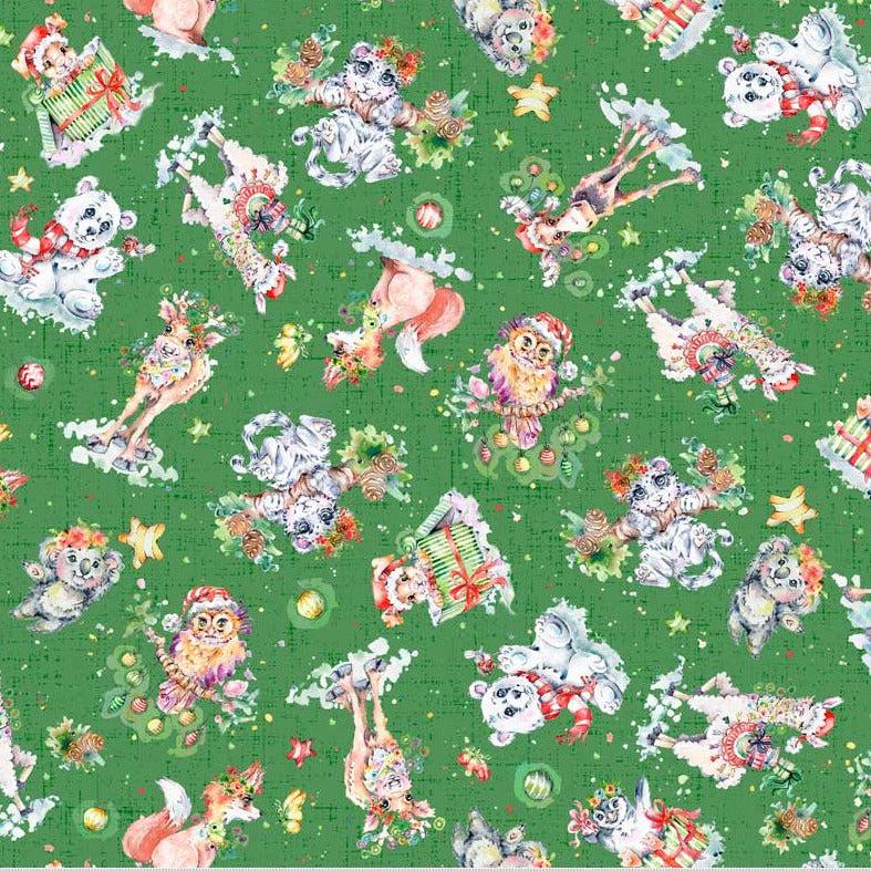 Little Darlings Christmas Green Festive Critters Fabric-P & B Textiles-My Favorite Quilt Store