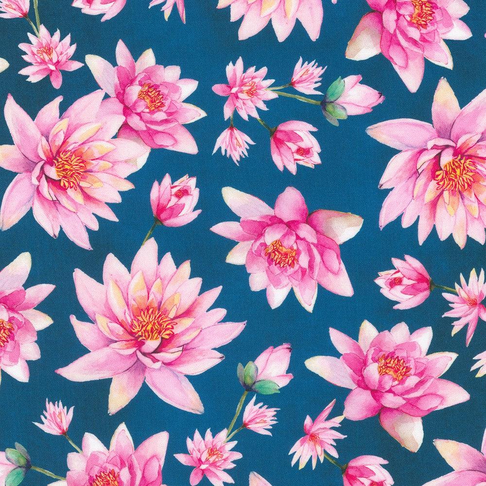 Lotus and Koi Blue Lotus Fabric-Robert Kaufman-My Favorite Quilt Store