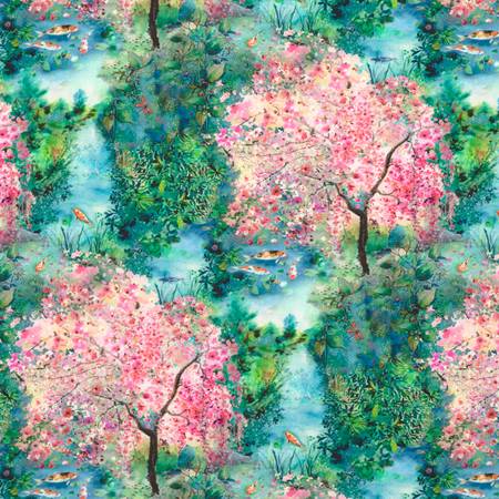 Lotus and Koi Spring Landscape Fabric-Robert Kaufman-My Favorite Quilt Store