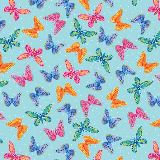 Love Grows Here Aqua Butterflies and Dots Fabric