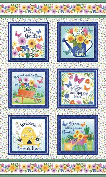 Love Grows Here White Floral Block Panel 24"-Benartex Fabrics-My Favorite Quilt Store