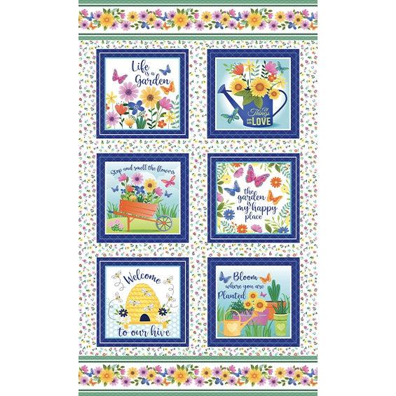 Love Grows Here White Floral Block Panel 24"-Benartex Fabrics-My Favorite Quilt Store