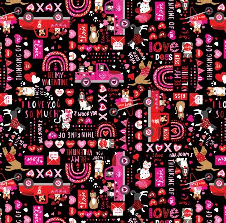 Love You Fur-Ever Black XOXO Words-Benartex Fabrics-My Favorite Quilt Store