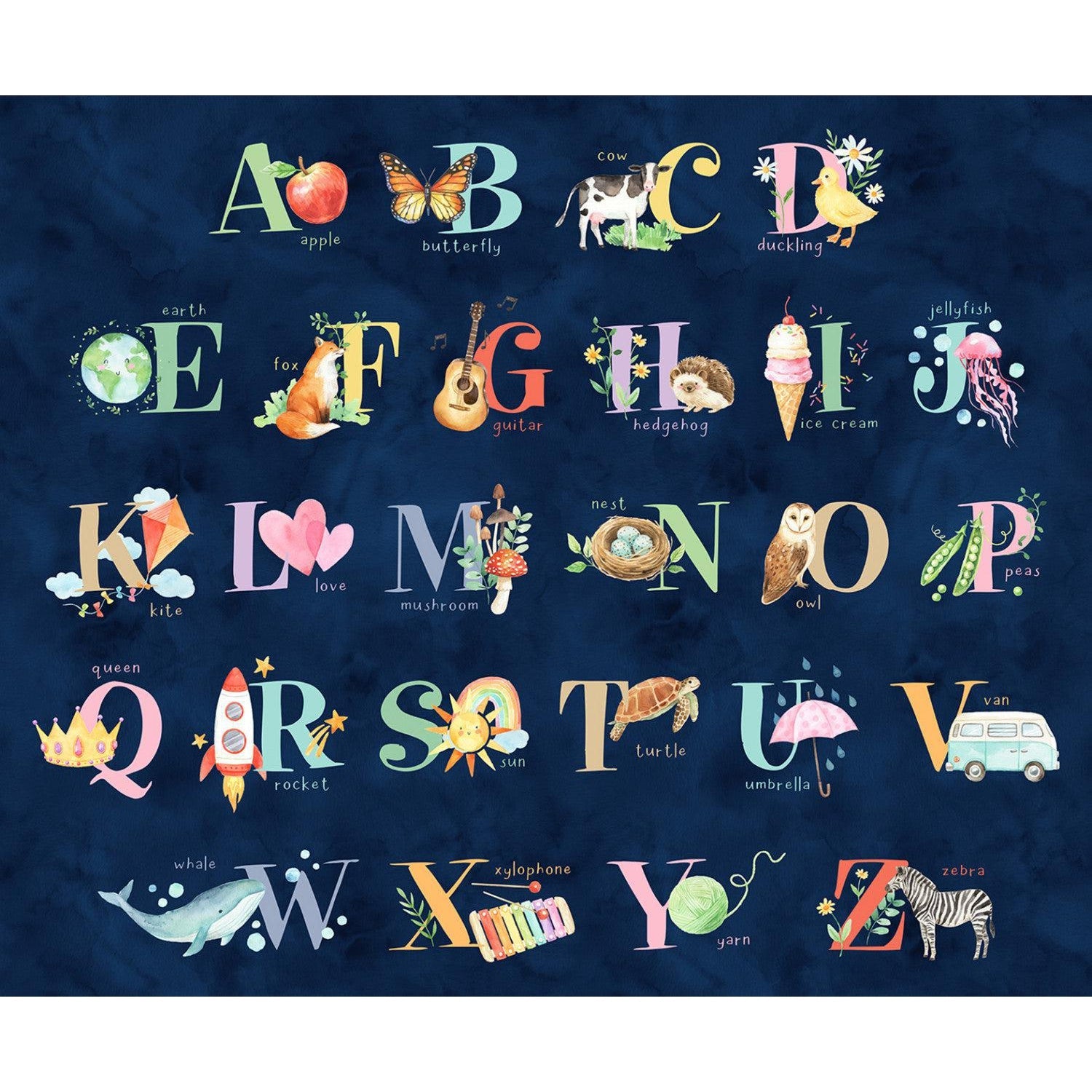 Love and Learning Navy Alphabet Panel 36"x 43"-Hoffman Fabrics-My Favorite Quilt Store
