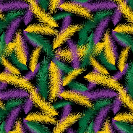 2.5 Yards Cotton Fabric - QT Fabrics Mardi Gras Carnival Beads & Feathers  Black