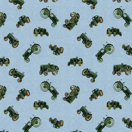 Marigold Homestead Blue Tractors Fabric