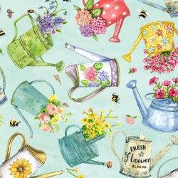 Meant to Bee Mint Watering Cans Fabric-Michael Miller Fabrics-My Favorite Quilt Store