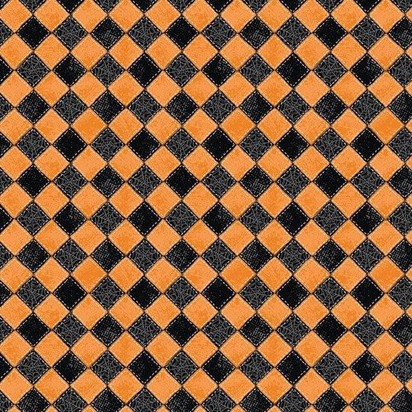 Meow-Gical Night Orange Checkered Spiderwebs Fabric